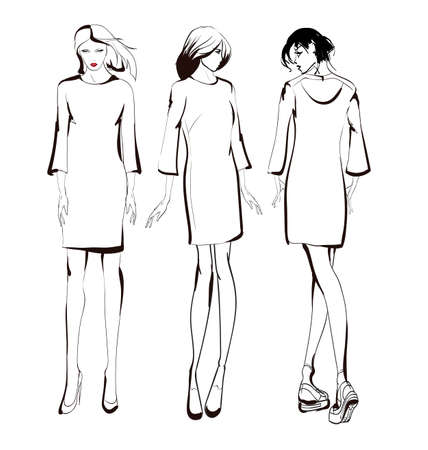 Fashion girls sketch. Fashion illustration. Drawing fashion modelsのイラスト素材
