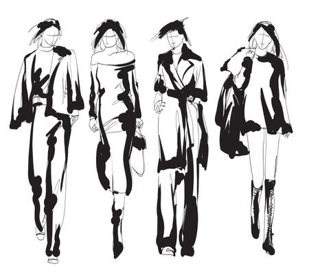 Fashion girls sketch. Fashion illustration. Drawing fashion modelsのイラスト素材