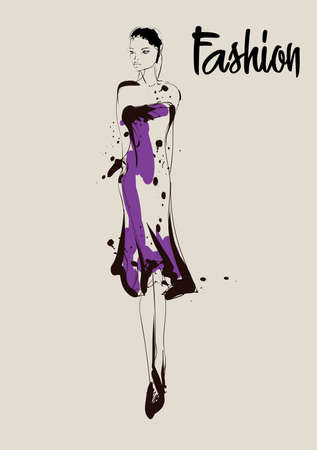 Fashion girl sketch. Fashion illustration. Drawing fashion modelのイラスト素材
