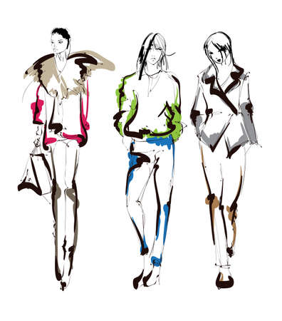 Fashion girls sketch. Fashion illustration. Drawing fashion modelsのイラスト素材