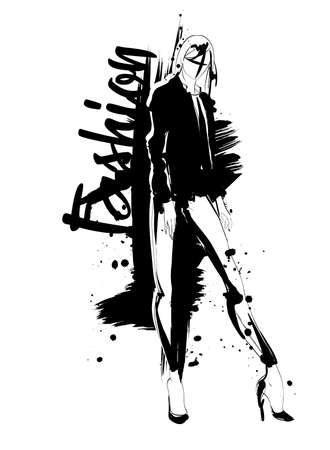 Fashion girl sketch. Fashion illustration. Drawing fashion modelのイラスト素材