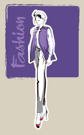 Fashion girl sketch. Fashion illustration. Drawing fashion modelのイラスト素材