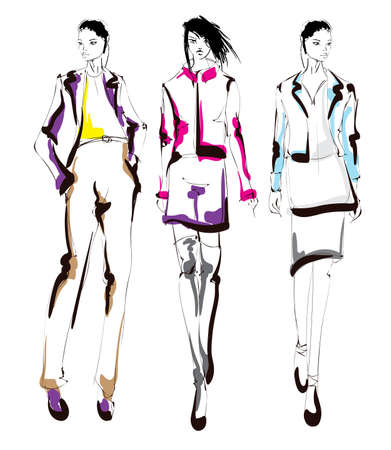 Fashion girls sketch. Fashion illustration. Drawing fashion modelsのイラスト素材