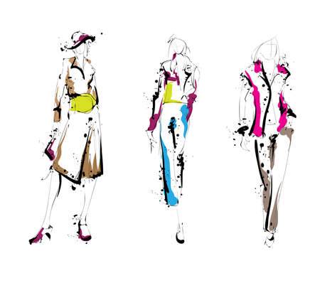 Fashion girls sketch. Fashion illustration. Drawing fashion modelsのイラスト素材