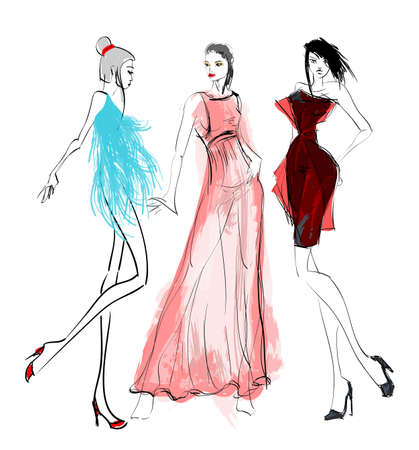 Fashion girls sketch. Fashion illustration. Drawing fashion modelsのイラスト素材