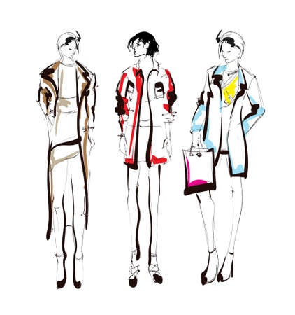 Fashion girls sketch. Fashion illustration. Drawing fashion modelsのイラスト素材