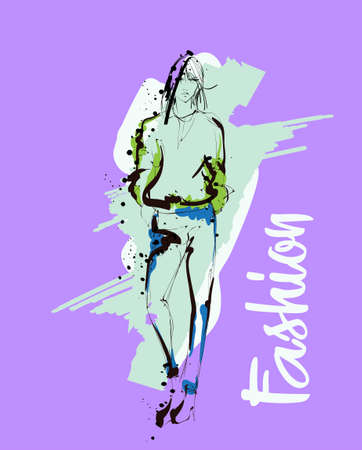Fashion girl sketch. Fashion illustration. Drawing fashion modelのイラスト素材
