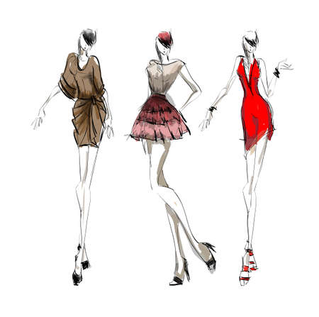 Stylish fashion models. Pretty young girls . Fashion womans Sketchのイラスト素材