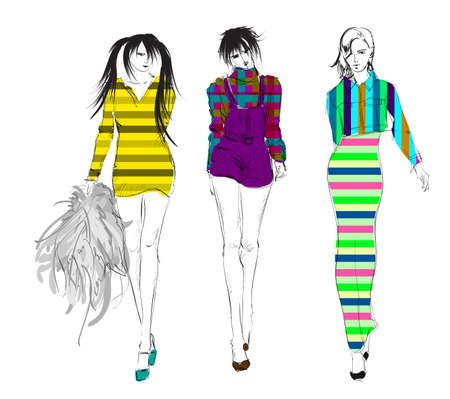Stylish fashion models. Pretty young girls. Fashion womans Sketchのイラスト素材