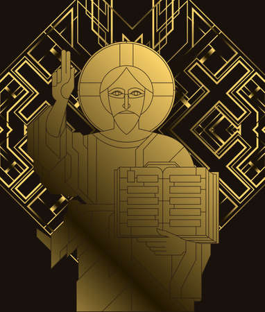 Icon with the Golden face of Jesus in the art deco style. Vector illustration.のイラスト素材