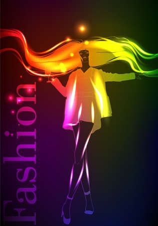 Hand-drawn fashion model from a neon. A light girl's. Fashion illustration.のイラスト素材