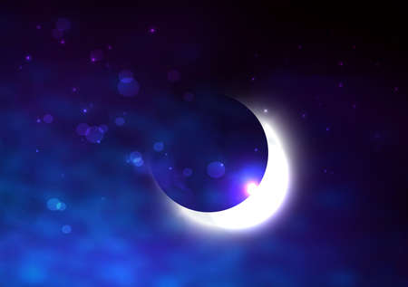 Mystical Night sky background with half moon and stars. Moonlight night. Vector illustration.