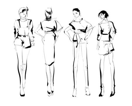 Stylish fashion models. Pretty young girls. Fashion womans Sketchのイラスト素材