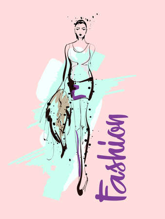 Hand drawn beautiful young woman. Stylish girl. Fashion woman sketch. Fashion model girl.のイラスト素材