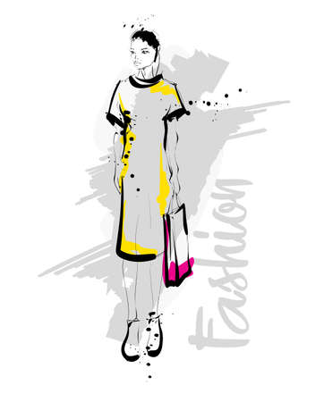 Hand drawn beautiful young woman. Stylish girl. Fashion woman sketch. Fashion model girl.のイラスト素材