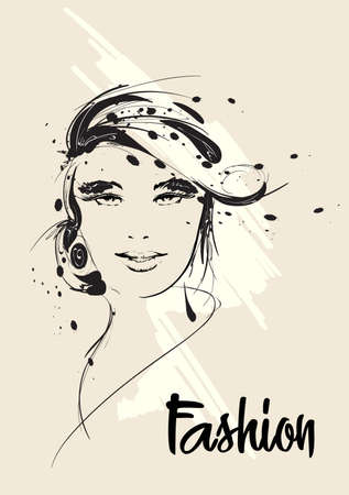 Fashion girls face. Woman face. Hand-drawn fashion model. Girl face in a fashionable hat on a black background.のイラスト素材