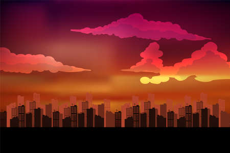 Silhouette of the city. Cityscape background. Urban landscape. For banner or template. Modern city with layers. Flat style vector illustrationのイラスト素材