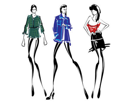 Fashion models sketch hand drawn , stylized silhouettes isolated.Vector fashion illustration set.のイラスト素材