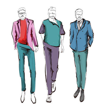 Stylish handsome mans in fashion clothes. Hand drawn beautiful young mens. Stylish mens. Fashion mens sketch. Fashion men model.のイラスト素材