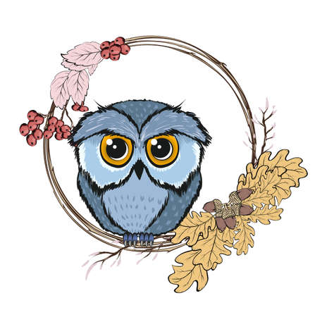 Wild animals and elements thanksgiving day and autumn season. Wild animals and autumn cartoons autumn owl and leaves vector illustration graphic designのイラスト素材