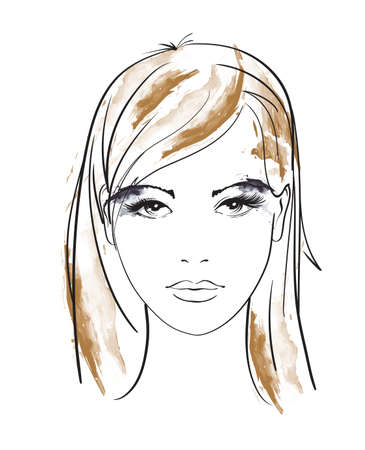 Beautiful young woman with hairstyle and expressive look. Fashion sketch. Fashion girls face. Hand-drawn fashion model. Woman face on a white background. Cosmetics.のイラスト素材