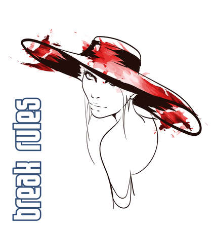 Beautiful young woman with hairstyle and expressive look. Fashion sketch. Fashion girls face. Hand-drawn fashion model. Woman face on a white background. Cosmetics.のイラスト素材