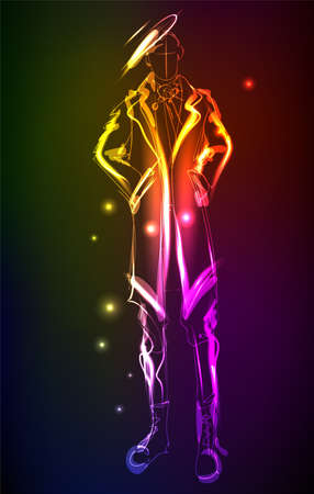 Hand-drawn fashion model from a neon. A light men. Fashion men. Stylish fashion model. Fashion illustrationのイラスト素材