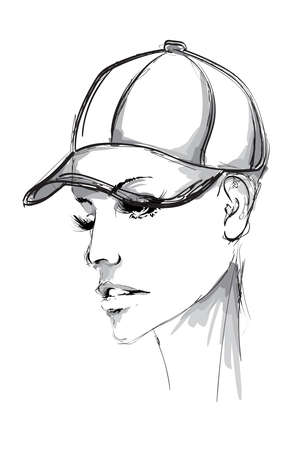 Fashion Girl. Girl in a cap Urban style. Fashion Girl sketch. Girl in a cap Urban style isolated on white background.のイラスト素材