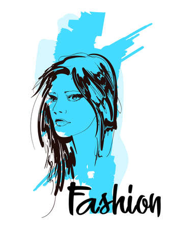 Beautiful young woman. Fashion sketch. Fashion girls face. Hand-drawn fashion model. Woman face on a art background. Breaks the rules inscriptionのイラスト素材
