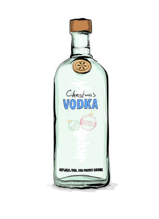 Christmas bottle of vodka. Gift alcohol. Sketch on a white background.のイラスト素材