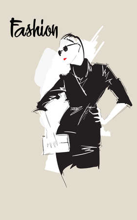 Beautiful young stylish woman in a black business dress. Girl in black dress. Fashion girl. Beautiful fashion model posing. Vector illustration.のイラスト素材