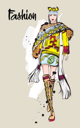 Beautiful young woman in ethnic style.. Hand drawn stylish woman portrait. Fashion lady. Festive outfit. Sketch. Fashion model posing in dress. Hand drawn fashion woman.のイラスト素材