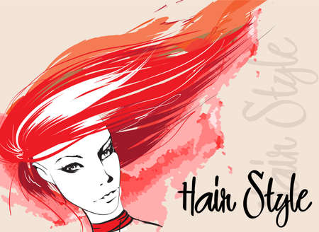 Portrait of a fashionable woman with red hair. Beautiful young woman with flying hair. Hand drawn sketch. Vector fashion illustration.のイラスト素材