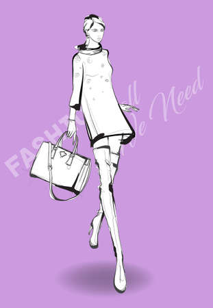 Beautiful young woman in modern style. Hand drawn stylish woman portrait. Fashion lady. Festive outfit. Sketch. Fashion model posing in dress. Hand drawn fashion woman.のイラスト素材