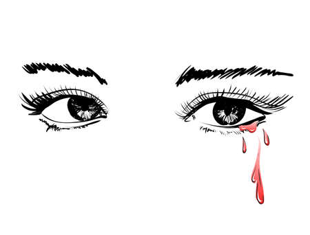 Vector beautiful illustration with crying eyes. Women's watery eyes. Eyes with flowing blood on isolated background. Illustrated Eyes With A bloody Tearsのイラスト素材