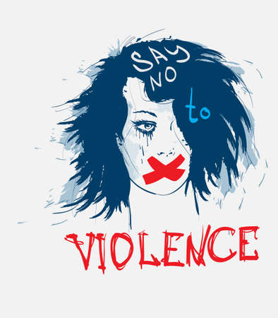 Woman with a taped mouth and the inscription say no to violence. Woman faceのイラスト素材