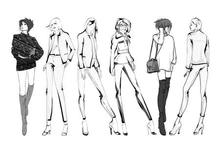 Beautiful young women in modern style .. Hand drawn stylish woman portrait. Fashion lady. Festive outfit. Sketch Fashion model posing in dress. Hand drawn fashion woman.のイラスト素材
