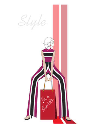 Beautiful young woman in modern style striped clothes. Hand drawn stylish woman portrait. Fashion lady. Sketch. Fashion model posing in dress. Hand drawn fashion woman.のイラスト素材