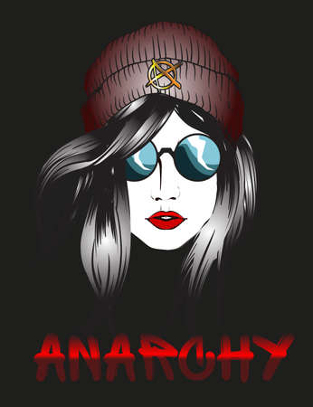 Vector sketch. Beautiful girl in a warm hat and glasses with anarchy sign on the hat.のイラスト素材
