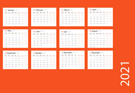 2021 calendar planner set for template corporate design week start on Monday.のイラスト素材