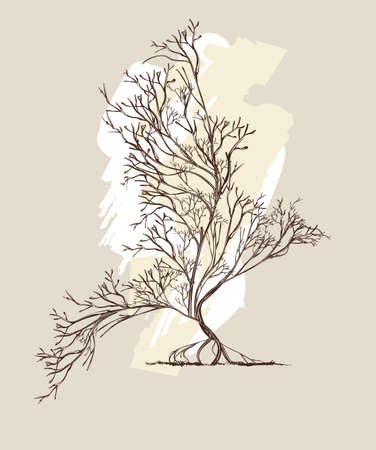 Trees intertwined in bird shape with, hand-drawn illustration in vintage style.のイラスト素材