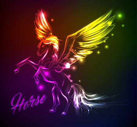 Fire Pegasus. Winged horse in neon lightのイラスト素材