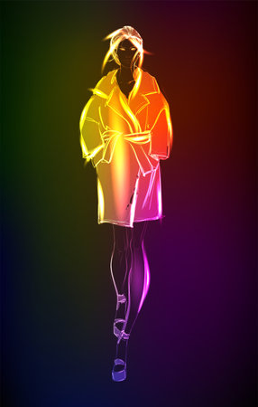 Hand-drawn fashion model from a neon. A light girl's. Fashion girl. Stylish fashion model. Fashion womanのイラスト素材