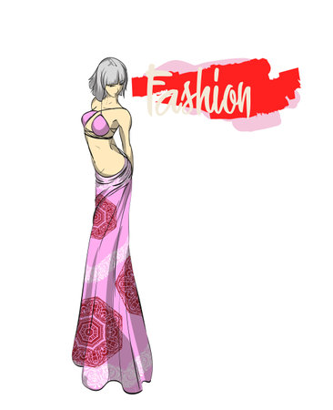 Beautiful young woman in modern style. Hand drawn stylish woman portrait. Fashion lady. Festive outfit. Sketch. Fashion model posing in dress. Hand drawn fashion woman.のイラスト素材