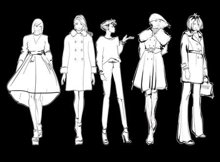 Beautiful young women in modern style .. Hand drawn stylish woman portrait. Fashion lady. Sketch set. Fashion model posing in coat. Hand drawn fashion woman.のイラスト素材