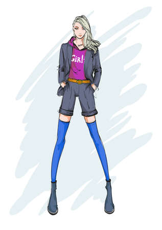 Young beautiful woman in summer clothes. Sale concept. Hand-drawn fashion illustrationのイラスト素材