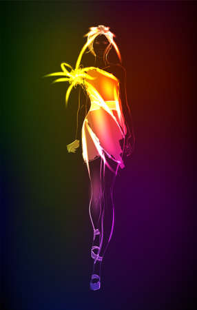 Hand-drawn fashion model from a neon. A light girls. Fashion girls. Stylish fashion model. Fashion womanのイラスト素材