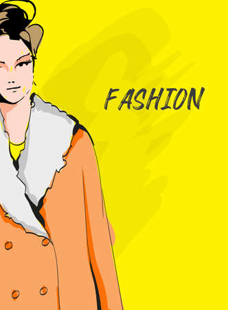 Beautiful young woman in spring coat. Hand drawn fashion girl. Fashion model posing. Sketch. Vector illustration. Fashion woman look. Sketch.のイラスト素材
