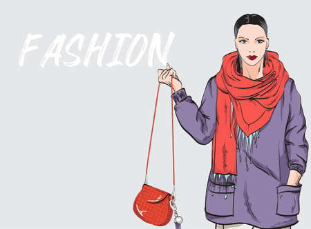 Beautiful young woman in spring jacket. Hand drawn fashion girl. Fashion model posing. Sketch. Vector illustration. Fashion woman look. Sketch.のイラスト素材