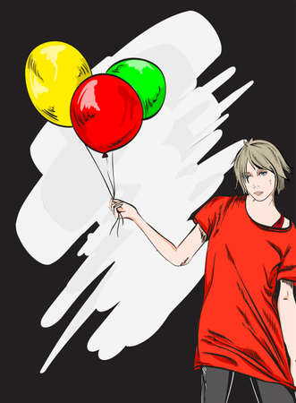 Hand drawn beautiful young woman in red t shirt.のイラスト素材